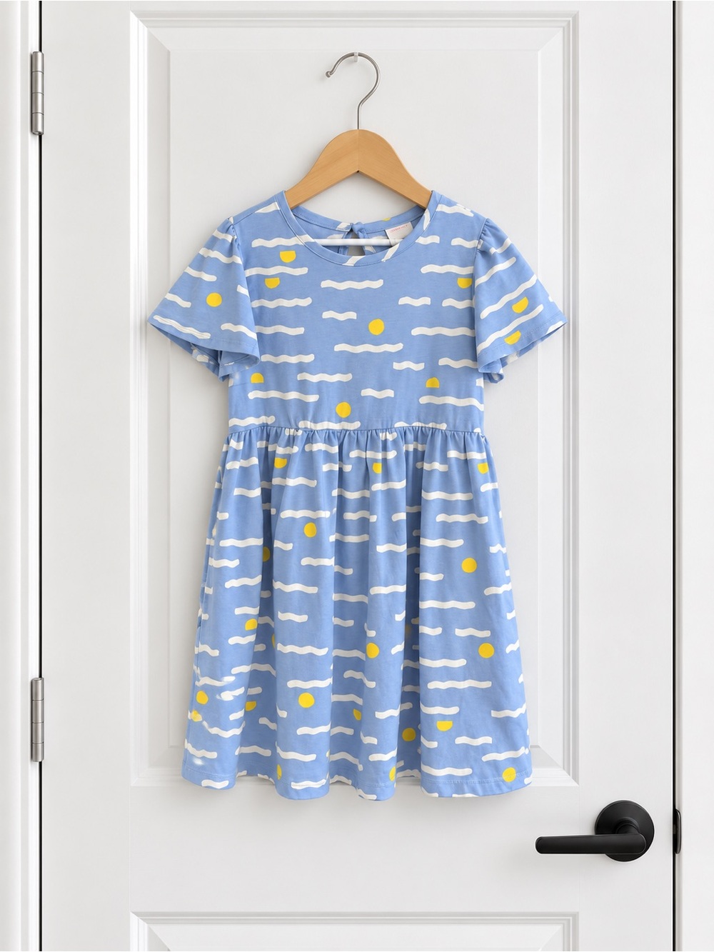 Hanna Andersson Girls 6-7 120 Blue Sunshine Waves Flutter Sleeve Dress